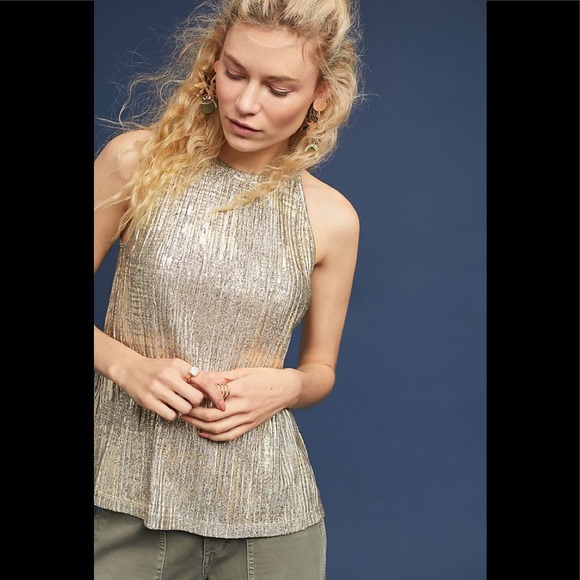 Maeve Tops - Maeve Metallic Gold Pleated Halter Tank Top